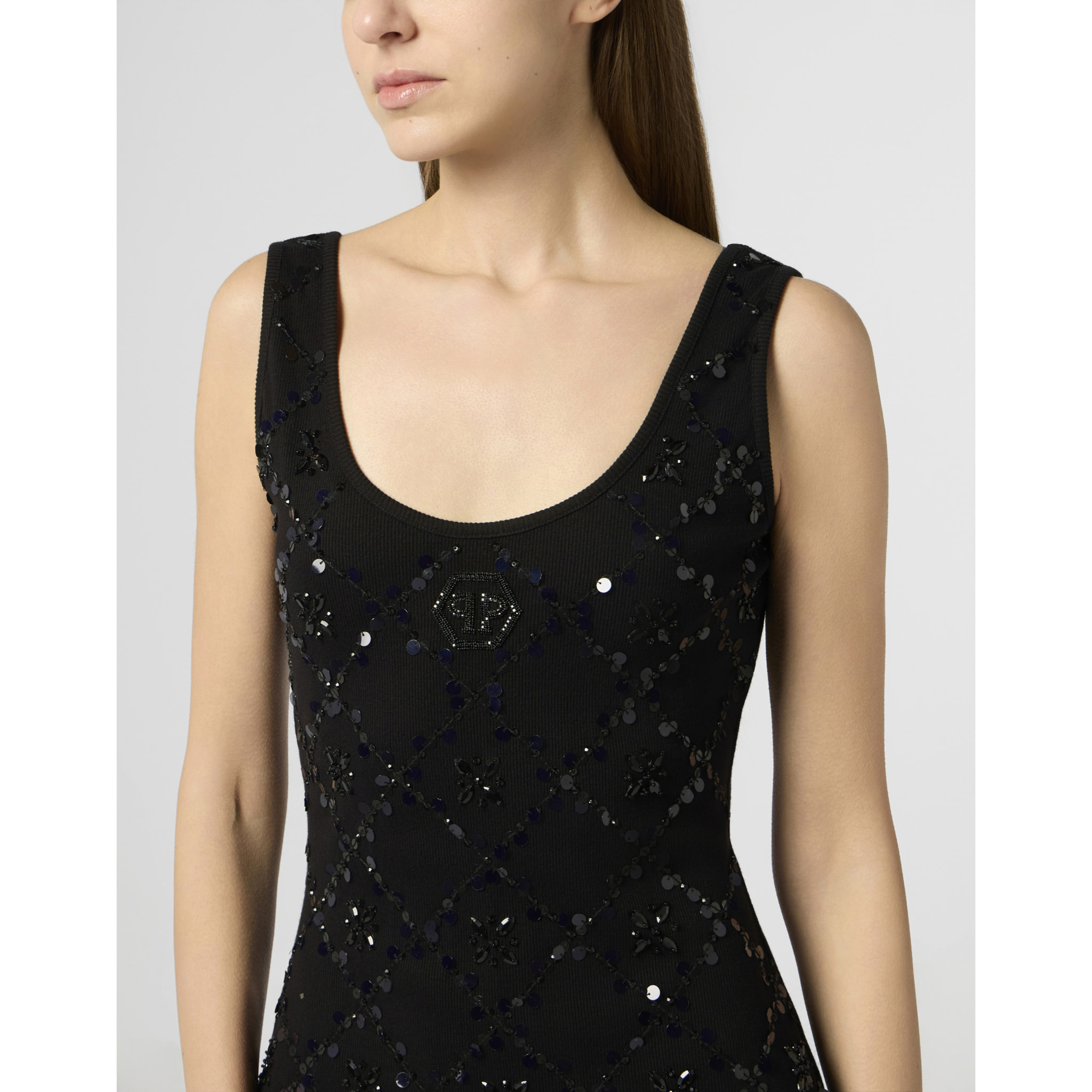 PHILIPP PLEIN Mini Tank Dress Rhomb Flowers Strass