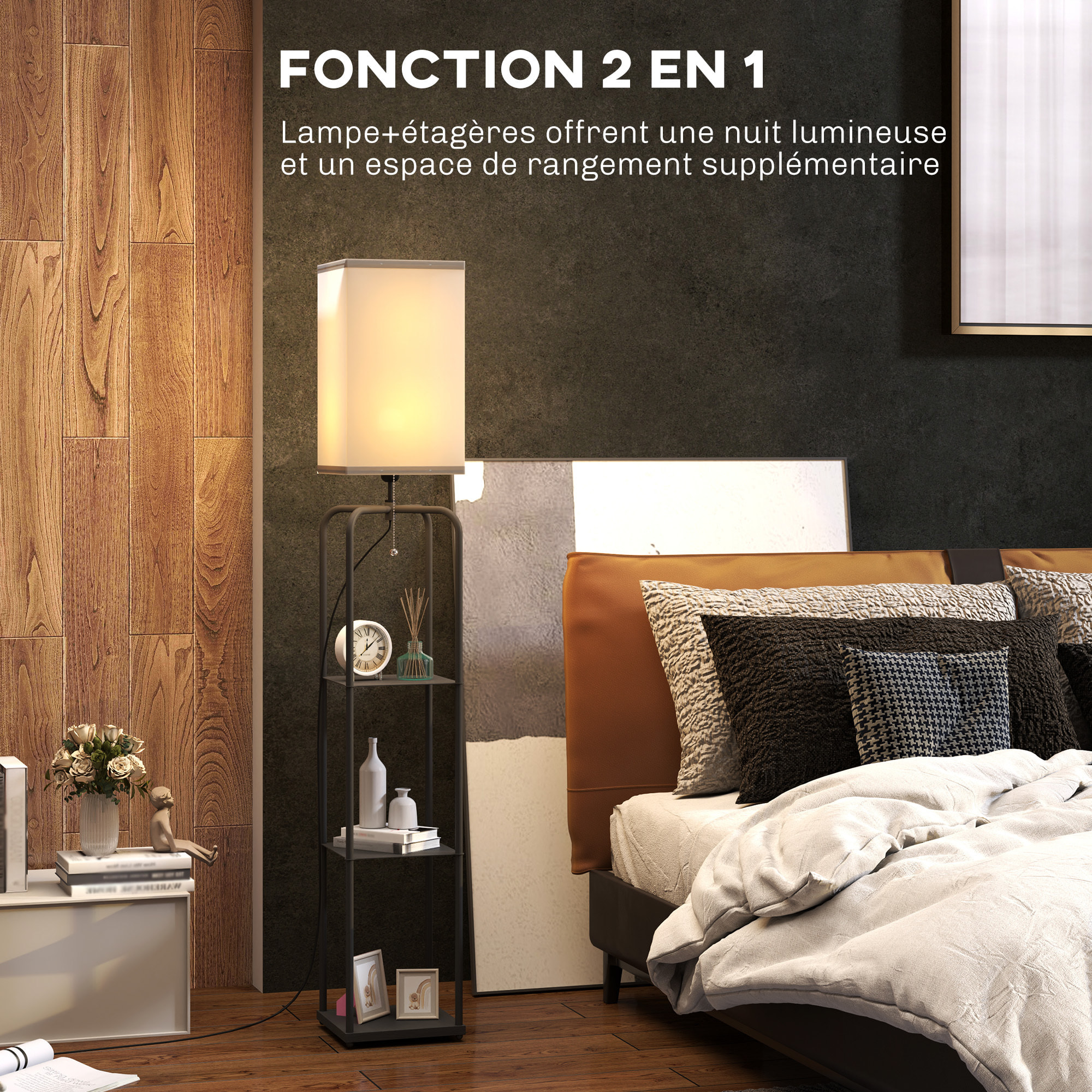 Lampadaire étagères 3 niveaux - interrupteur à tirette - métal MDF noir abat jour tissu blanc