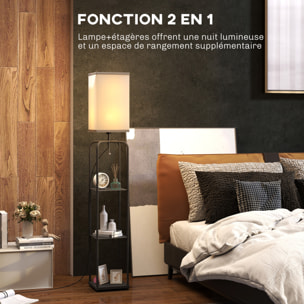 Lampadaire étagères 3 niveaux - interrupteur à tirette - métal MDF noir abat jour tissu blanc
