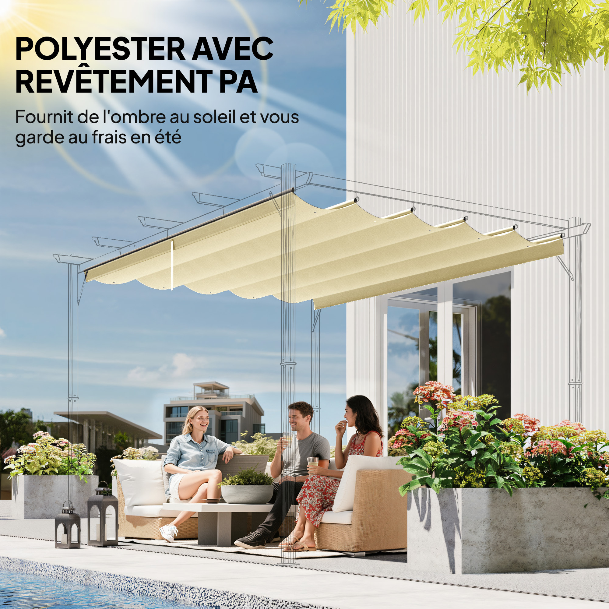 Toile de rechange pour pergola rétractable 3 x 3 m polyester haute densité 180 g/m² imperméabilisé blanc cassé