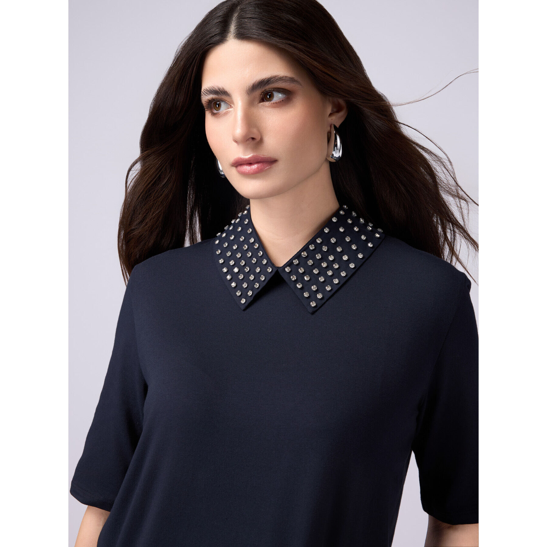 Oltre - T-shirt maniche corte con colletto gioiello - Blu