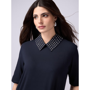 Oltre - T-shirt maniche corte con colletto gioiello - Blu