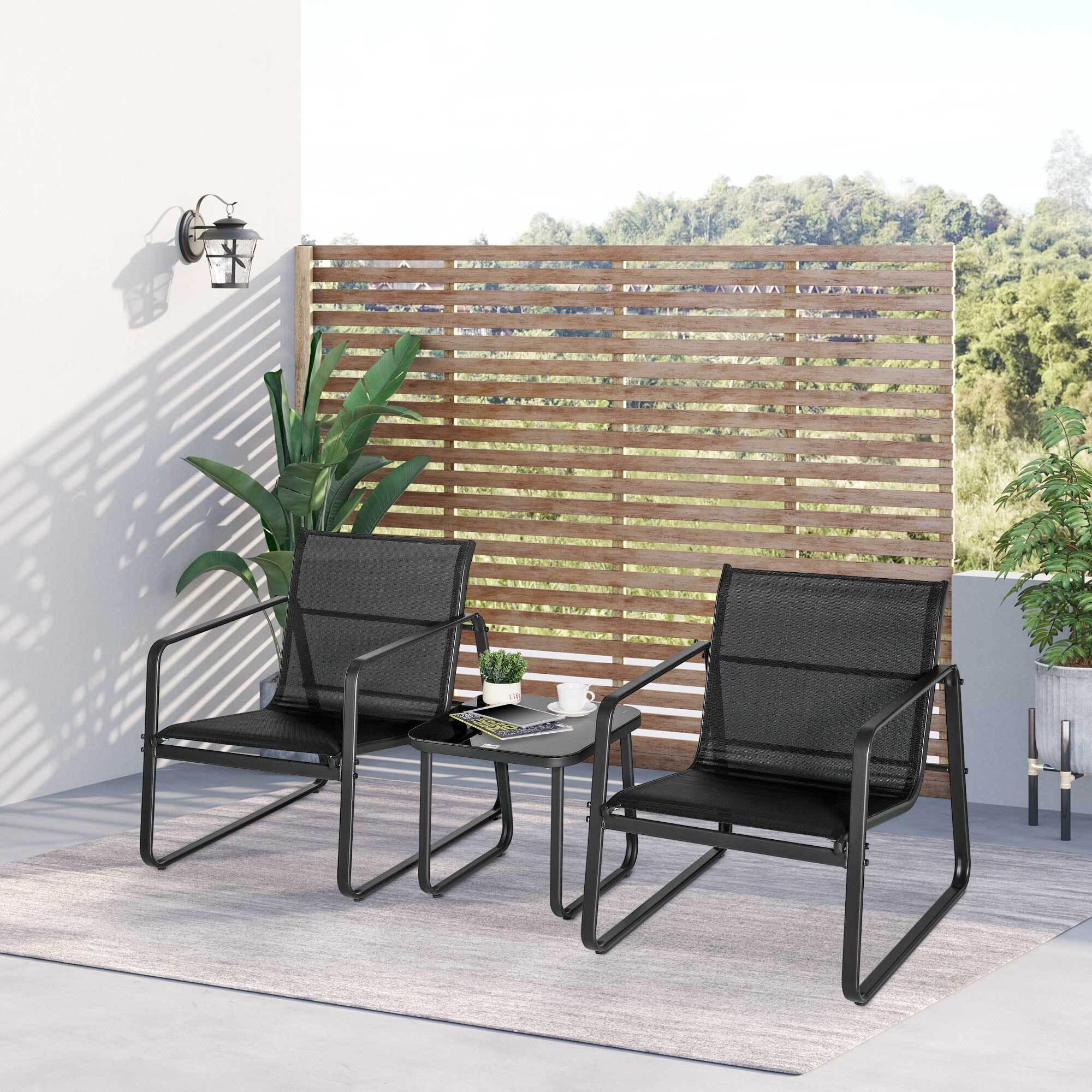 Conjunto de Muebles Jardín 3 Piezas Mesa de Vidrio y 2 Sillas para Terraza Negro