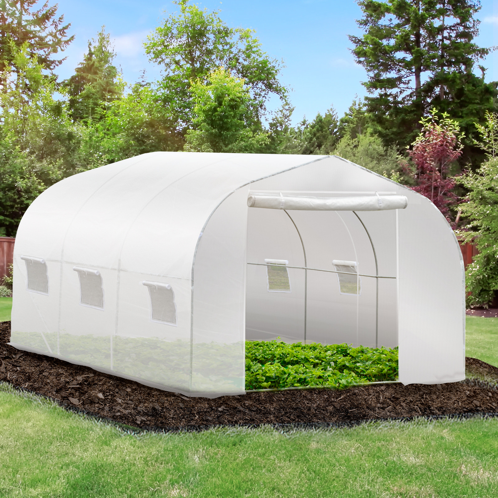 Serre tunnel de jardin dim. 3,5L x 3l x 2H m porte + 6 fenêtres enroulables acier galvanisé bâche PE haute densité blanc