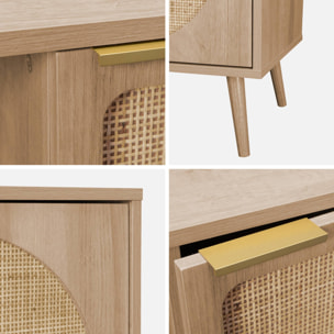 Buffet de rangement décor bois cannage arrondis. Eva. 1 portes réversible. deux niveaux. buffet bas.  L80 x l39 x H65.8cm