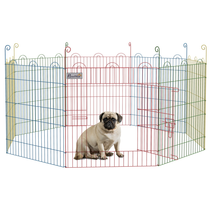 Parque Plegable para Perros de 8 Paneles, Ø156x60 cm, Valla Metálica para Cachorros, Conejos, Diseño DIY, con Puerta, Estacas, para Interior y Exterior, Multicolor