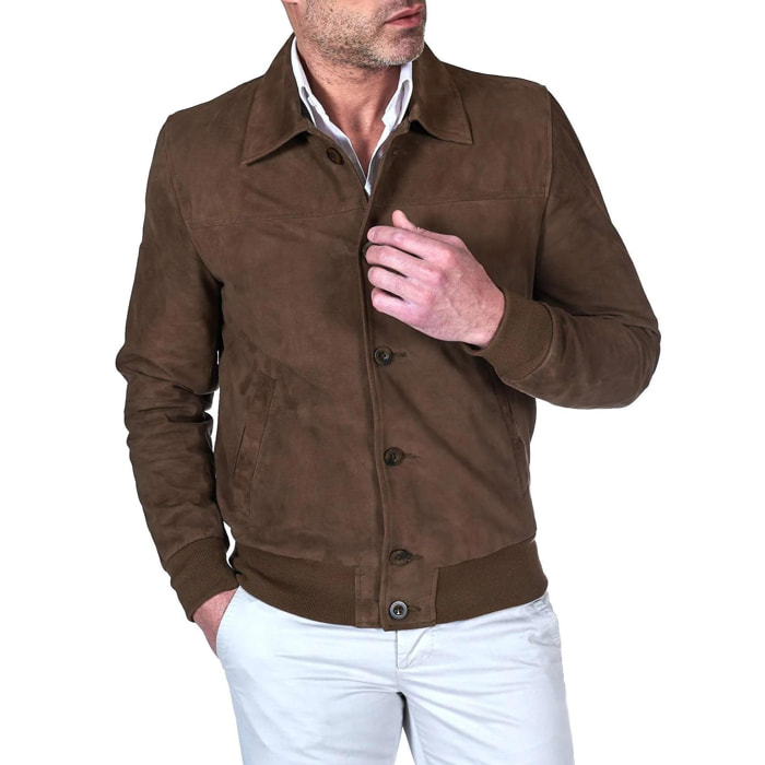 Giacca bomber in pelle camoscio color fango collo camicia