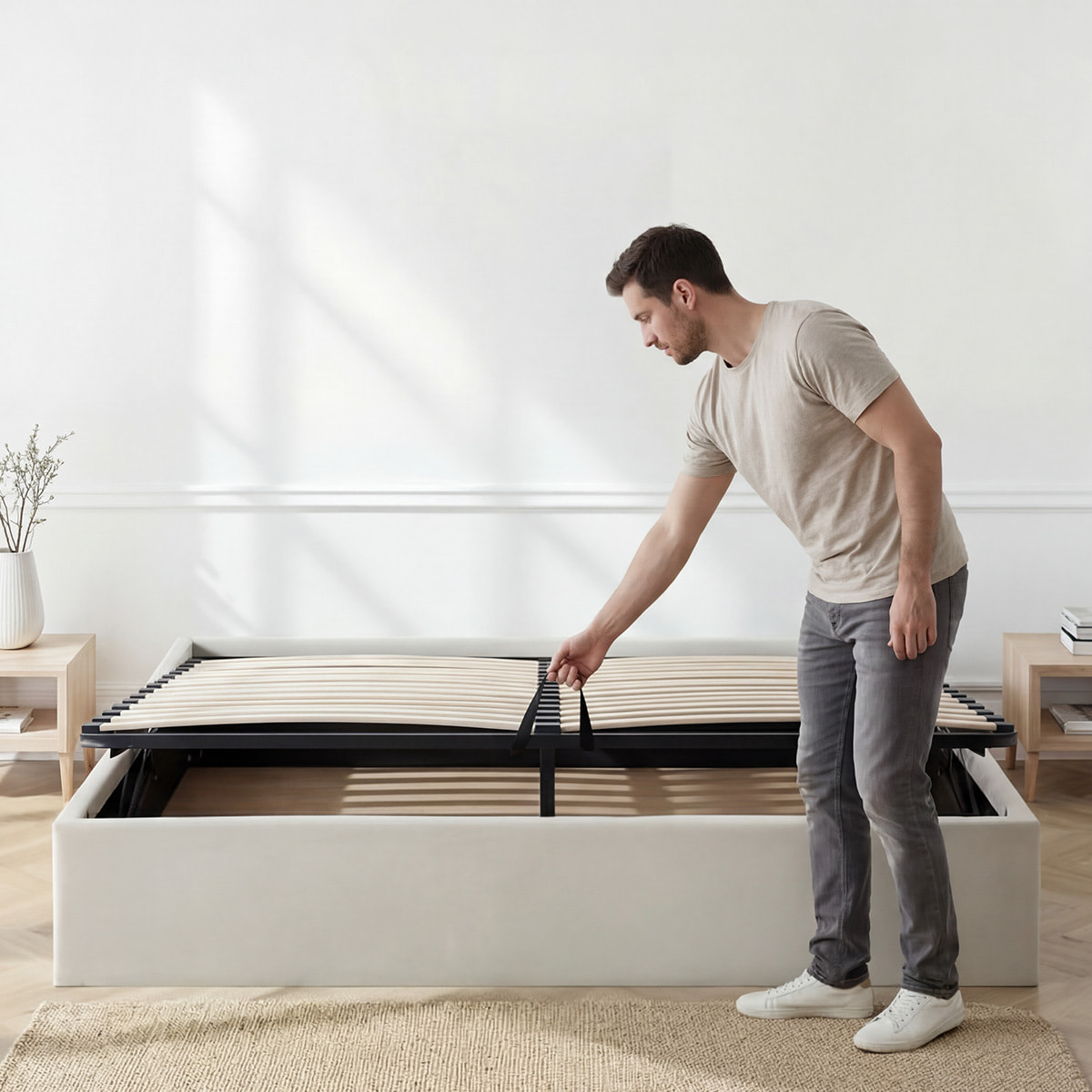 Lit Coffre Atlas en Tissu Beige, Grand espace de rangement, Sommier à Lattes actives, Structure Robuste, Design Moderne
