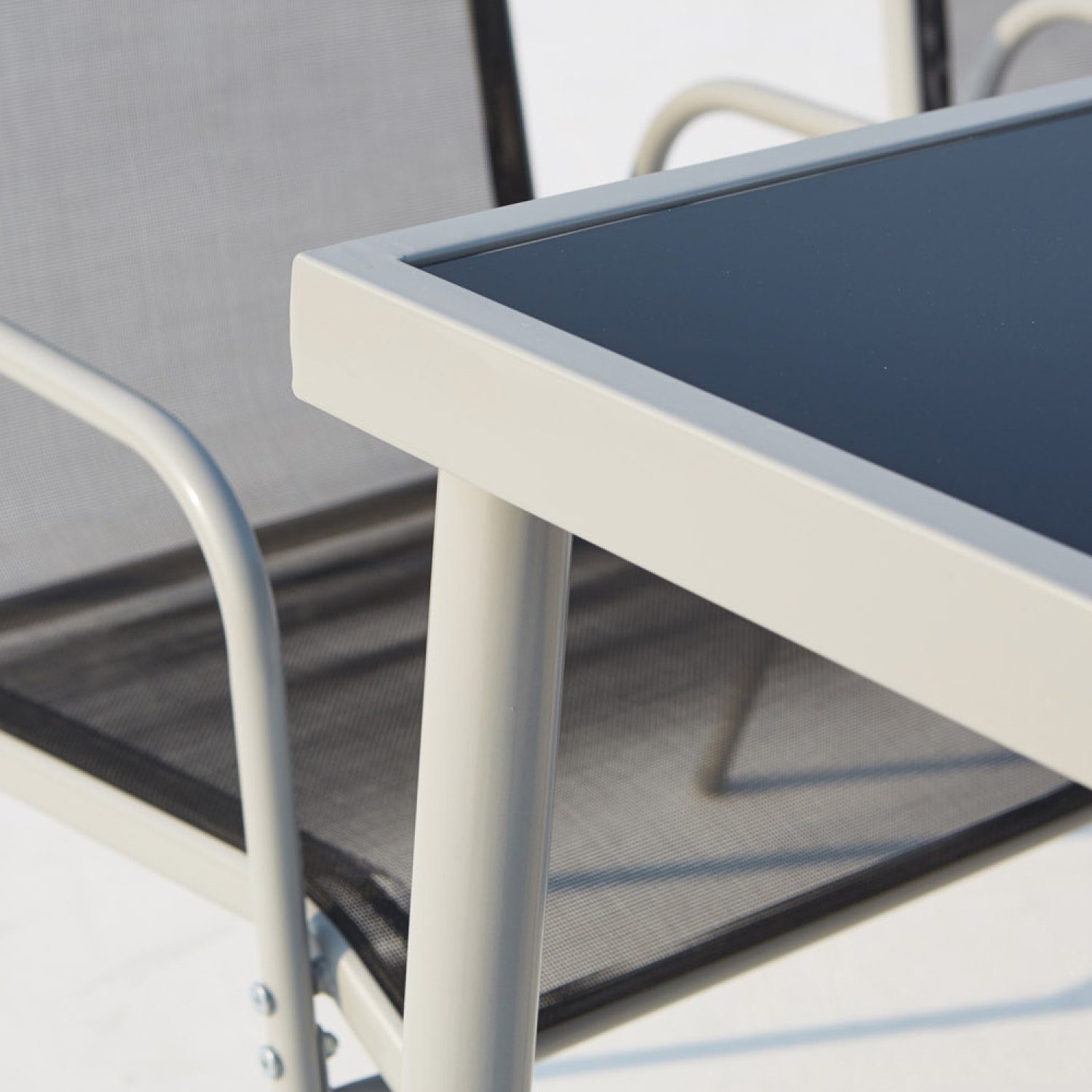 Table de jardin et 6 chaises en acier et toile PVC gris ATIMA