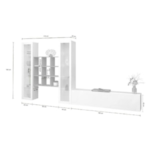 Parete attrezzata Egidio, Set salotto porta TV a 3 ante, Mobile soggiorno multiuso con vetrina e luce LED, 100% Made in Italy, cm 350x30h180, Bianco lucido e Acero