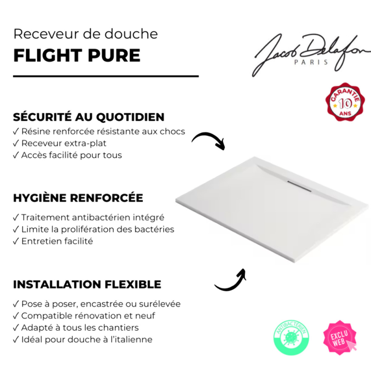 Pack receveur de douche 100 x 80 Flight Pure rectangle blanc + Kit d'étanchéité WEDI + Pieds