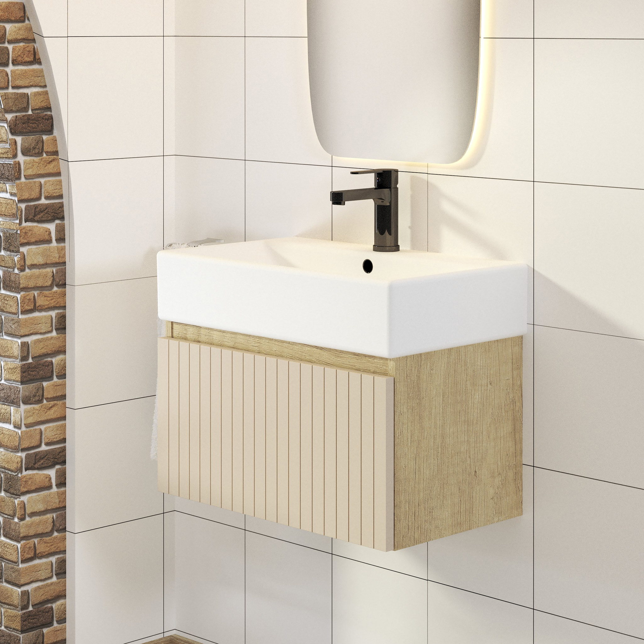 Ensemble de Salle de Bain Zel | Meuble Suspendu | 60 cm Glacier | Un Tiroir | Lavabo Encastré | Miroir non inclus | Meuble Monté | Alday