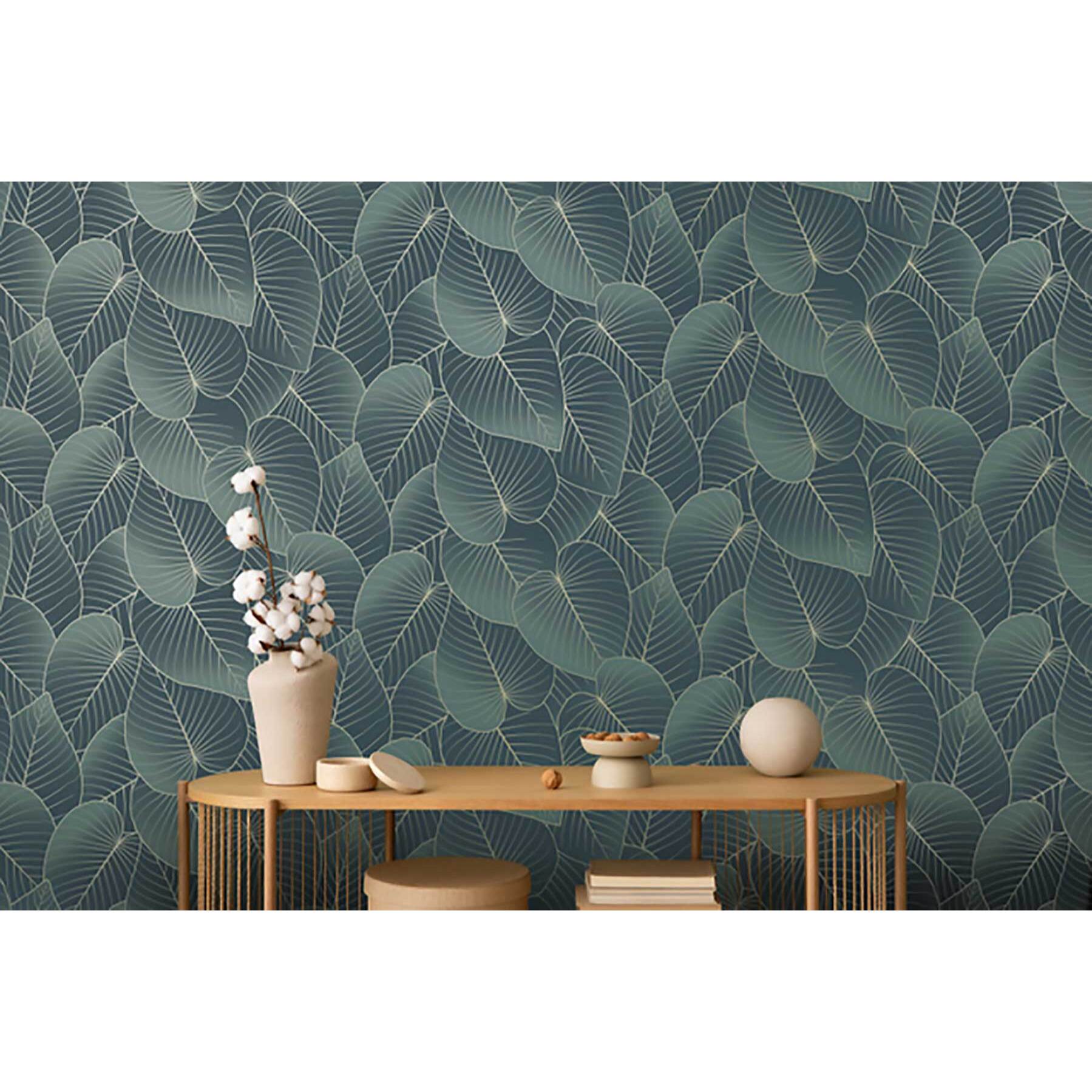 Papier peint feuilles tropicales bleu canard doré