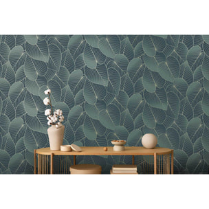 Papier peint feuilles tropicales bleu canard doré