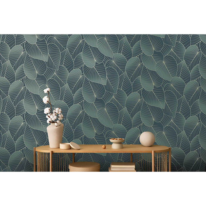 Papier peint feuilles tropicales bleu canard doré