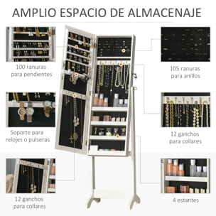 HOMCOM Espejo Joyero de Pie Armario de Joyería con 4 Ángulos Ajustables Cerradura Magnética Organizador de Joyas con Estantes Ranuras para Pendientes Anillos Collares 46x36,5x151,5 cm Blanco