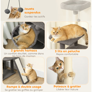 Arbre à chat grande taille H.174cm plateformes hamacs jouets griffoirs grattoirs peluche gris