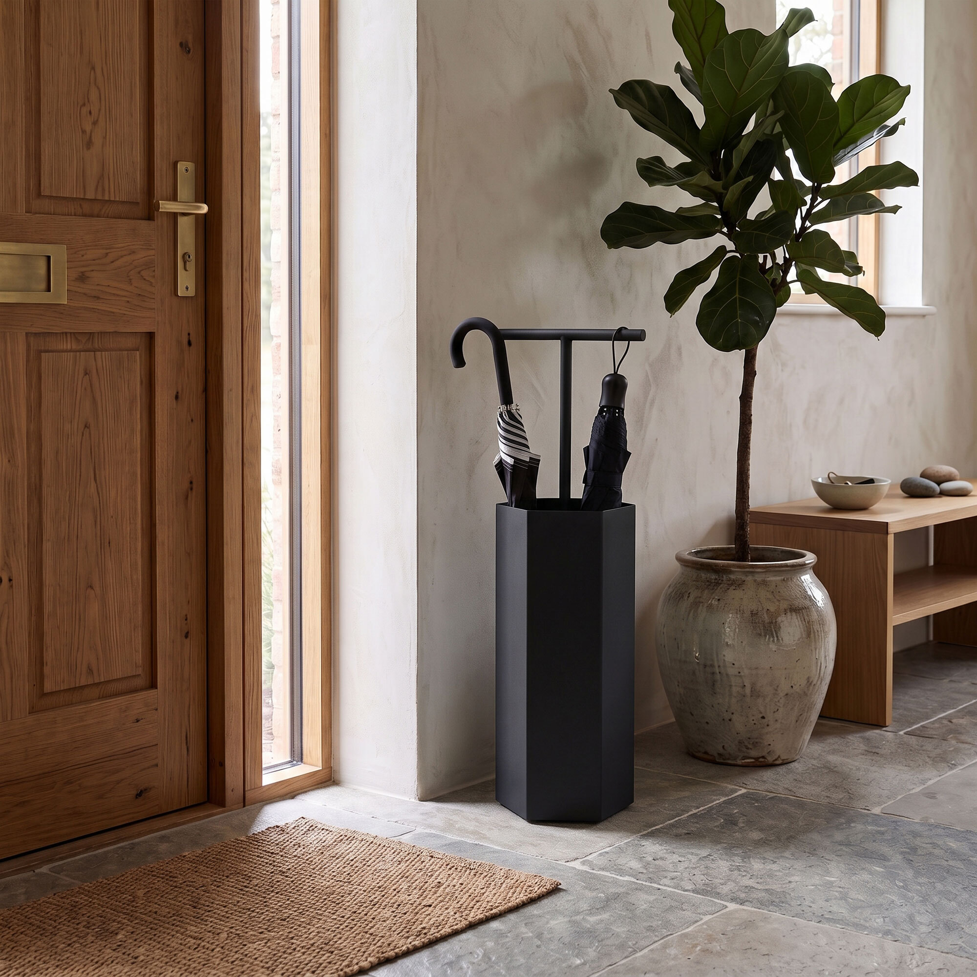 Ohm - Portaombrelli di Design 25x72x22 cm con Feritoia di Svuotamento acqua in Metallo Nero