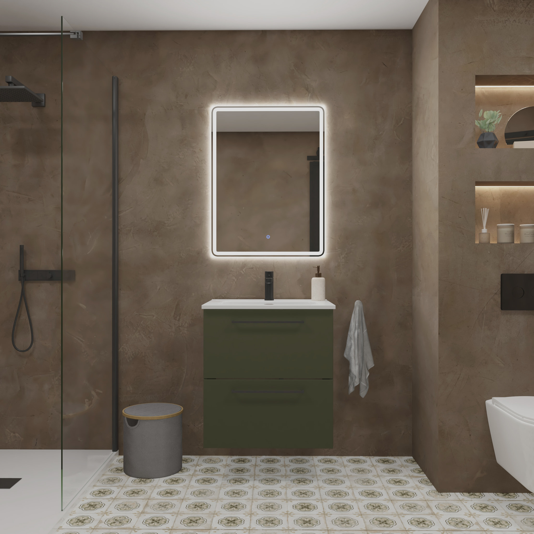 Meuble de Salle de Bain Vex | 60Cm Vert| Deux Tiroirs | Évier Encastré | Miroir non inclus | Meubles Assemblés | Alday