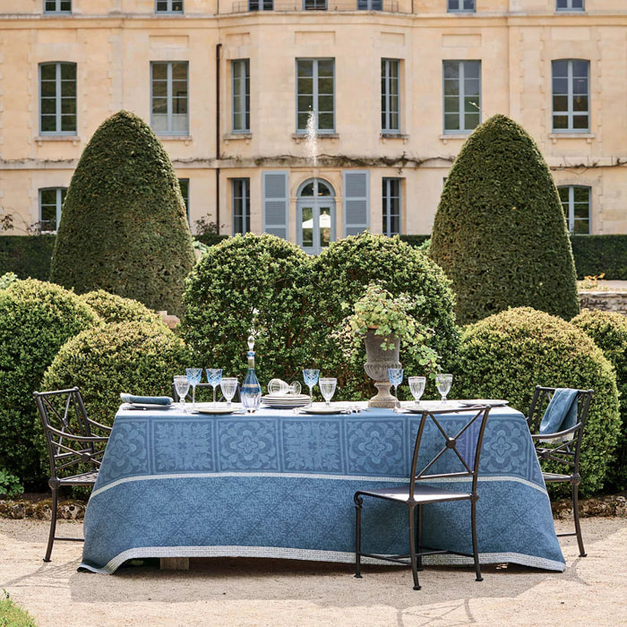 Nappe anti tache pur lin motif jacquard Harmonie bleu