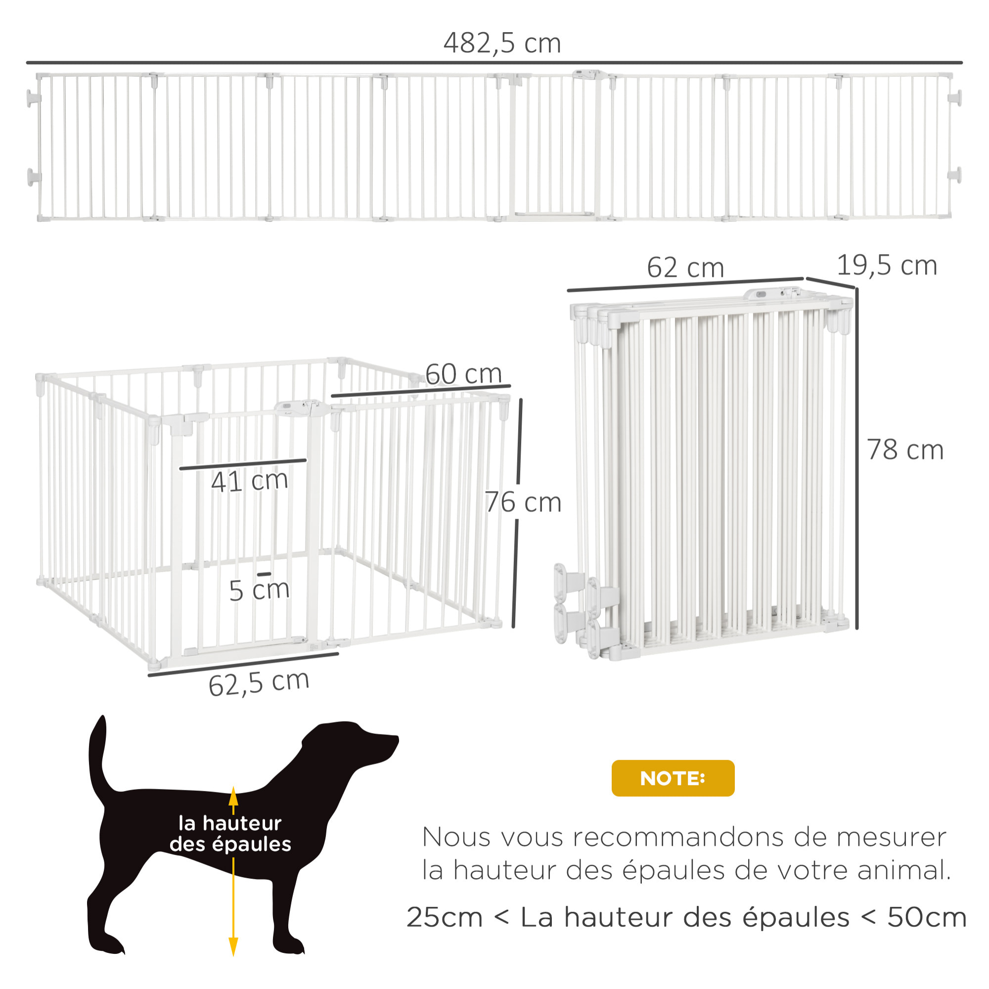 Barrière de sécurité - parc enclos chien modulable pliable - porte verrouillable - 8 panneaux acier et PP - dim. 482,5L max. x 76H cm blanc