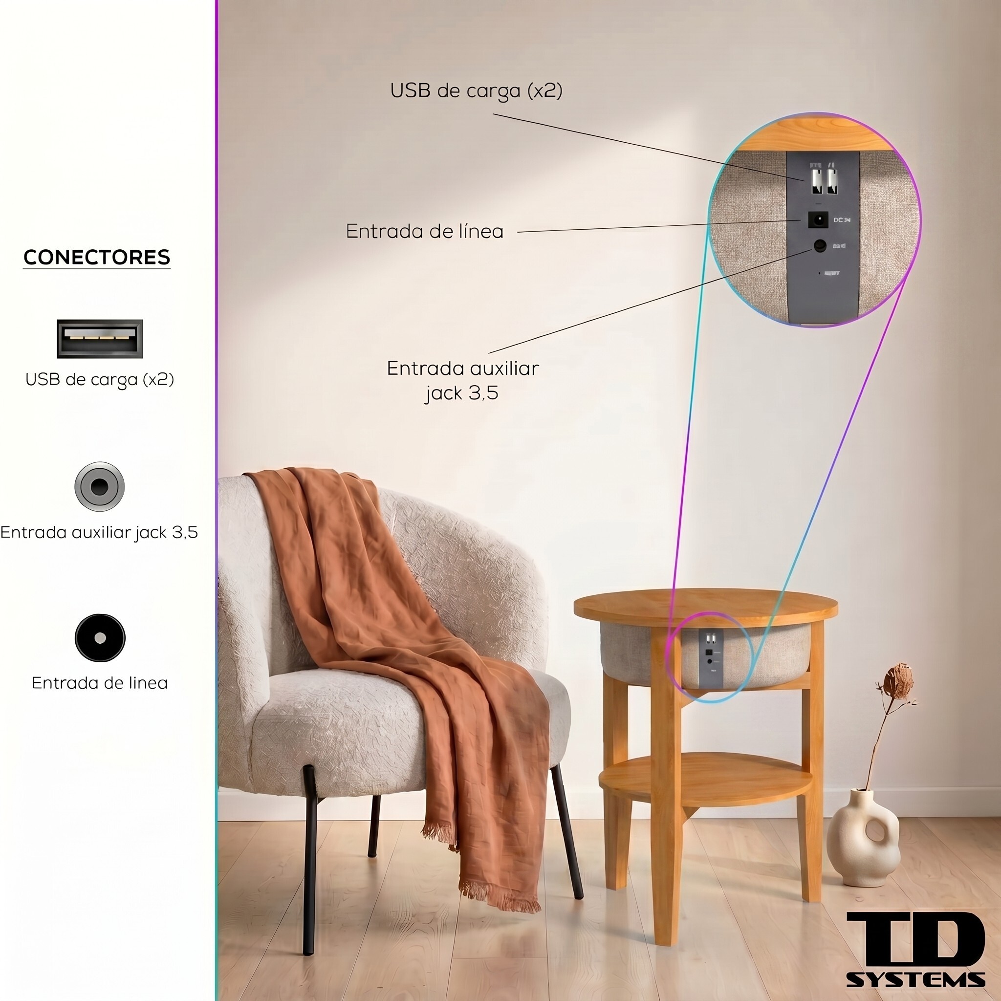 Mesa auxiliar altavoz portátil con sonido de 30W, Bluetooth, base de carga inalámbrica, batería de 2200mAh. Mesilla o mesita para dormitorio o sala de estar - TD Systems SM30B11WC8B [Madera cerezo]