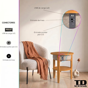 Mesa auxiliar altavoz portátil con sonido de 30W, Bluetooth, base de carga inalámbrica, batería de 2200mAh. Mesilla o mesita para dormitorio o sala de estar - TD Systems SM30B11WC8B [Madera cerezo]