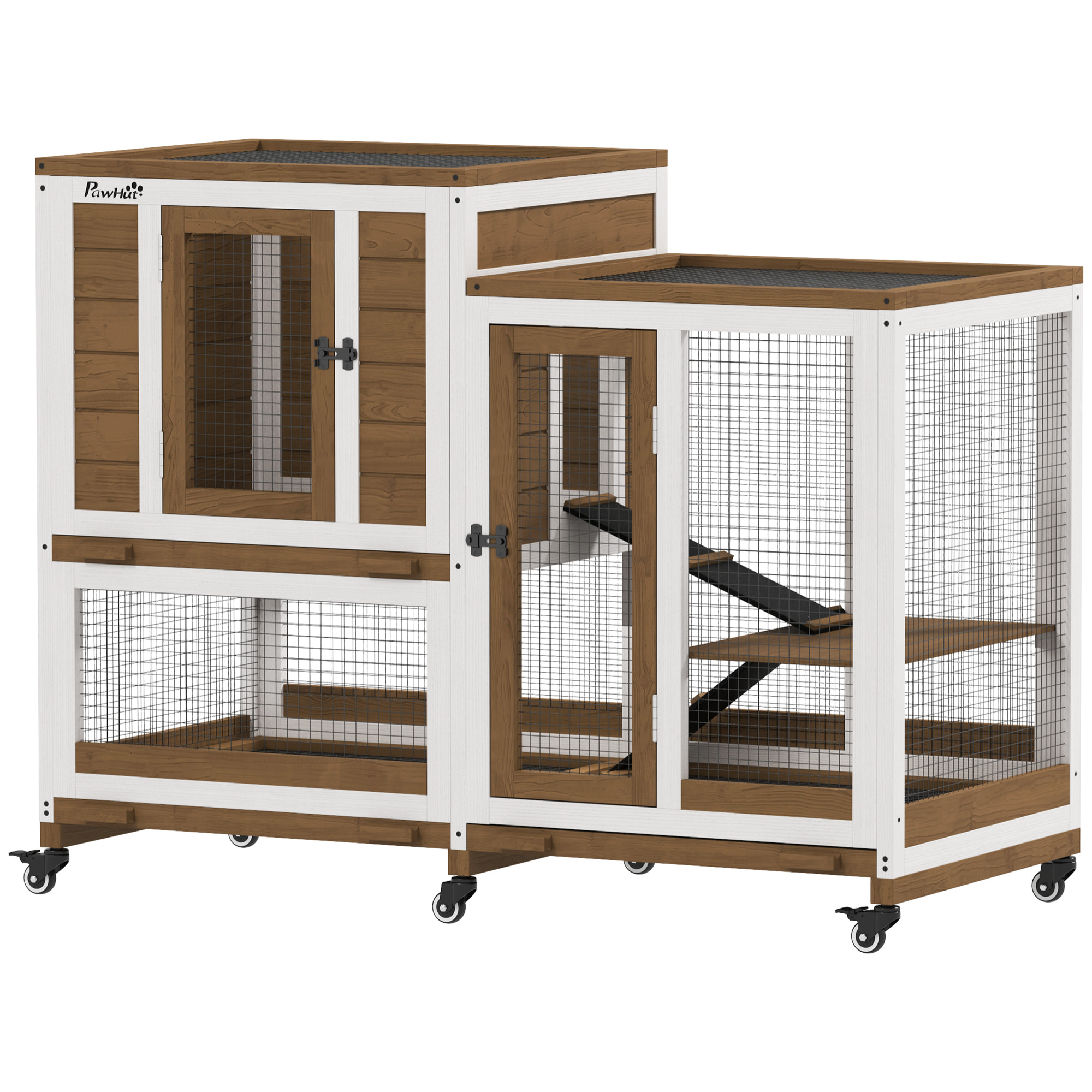 Conejera de Madera de 2 Niveles Jaula para Conejos con 6 Ruedas 2 Escaleras 3 Bandejas Extraíbles Puertas con Cerraduras y Zona Abierta Conejera para Interior 110x50x86 cm Marrón y Blanco