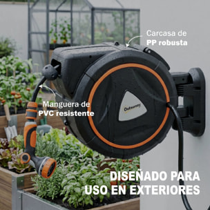 Enrollador de Manguera para Jardín 23+2 m con 12 Modos de Rociado, Carrete de Manguera de Jardín de Pared con Bloqueo Automático y Retracción Controlada, Soporte Orientable 180°, Naranja