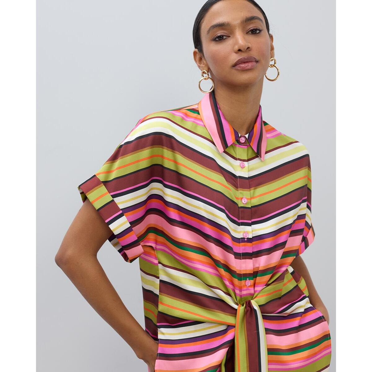 Blusa con cintura e stampa a righe multiple