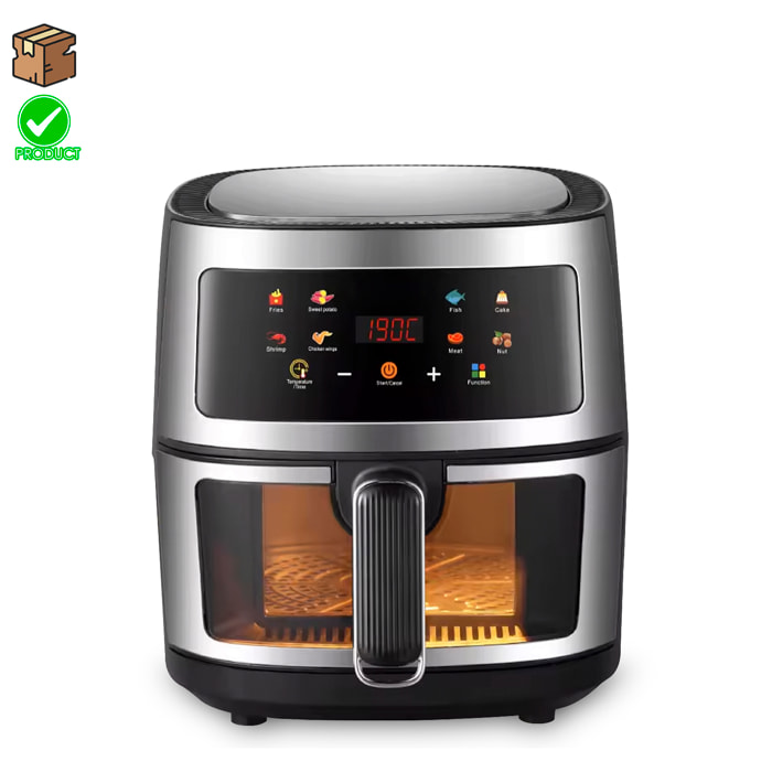 Freidora de aire 8L, 1400W con ventana de visualización. Panel táctil, programas de cocinado y modos manuales, calentamiento 3D, rejilla antiadherente.Estructura acero inox. EMBALAJE DETERIORADO.