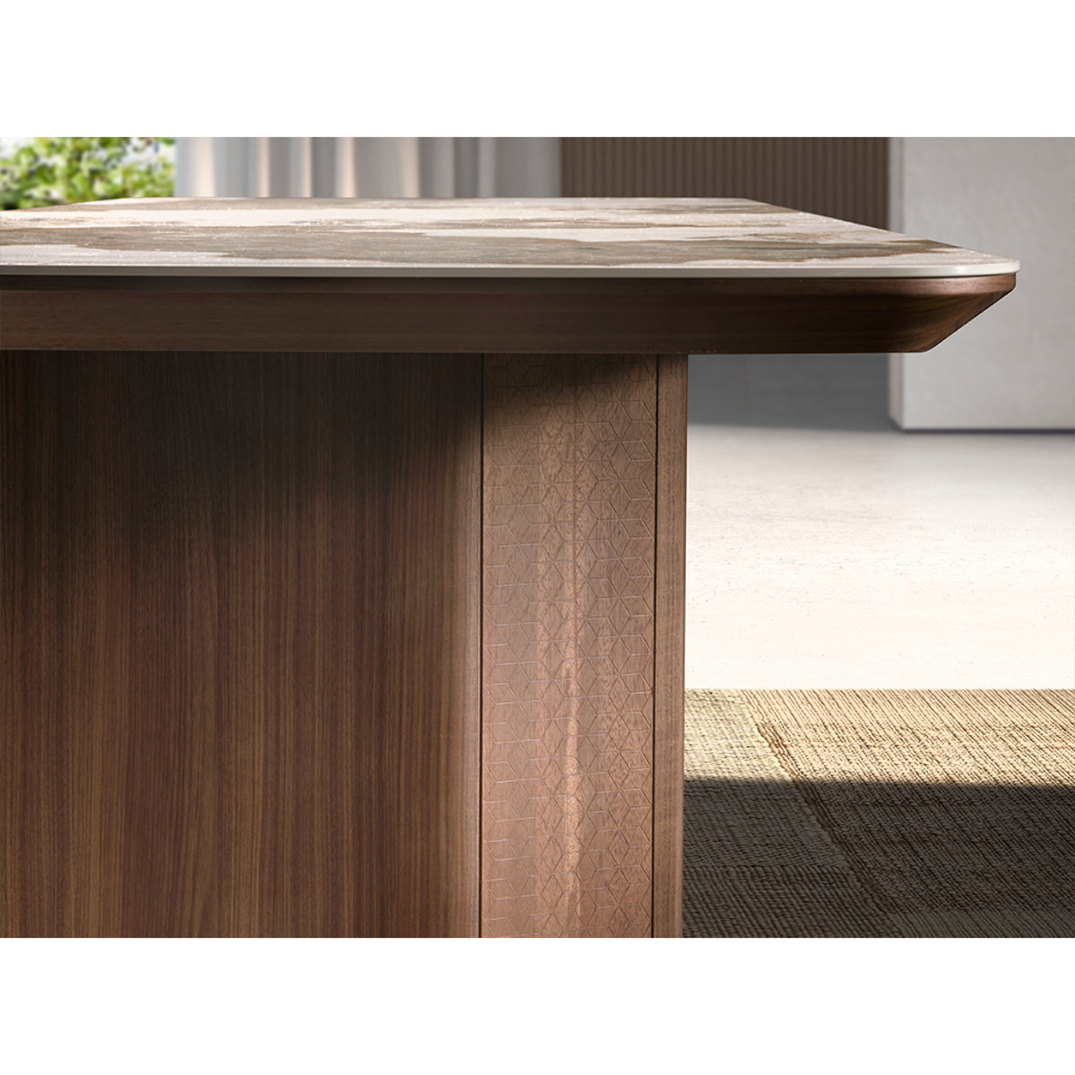 Mesa comedor rectangular con tapa fija de mármol porcelánico blanco con vetas en tonos tierra en acabado brillo 200x90x77cm