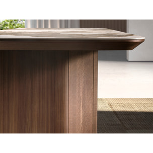 Mesa comedor rectangular con tapa fija de mármol porcelánico blanco con vetas en tonos tierra en acabado brillo 200x90x77cm