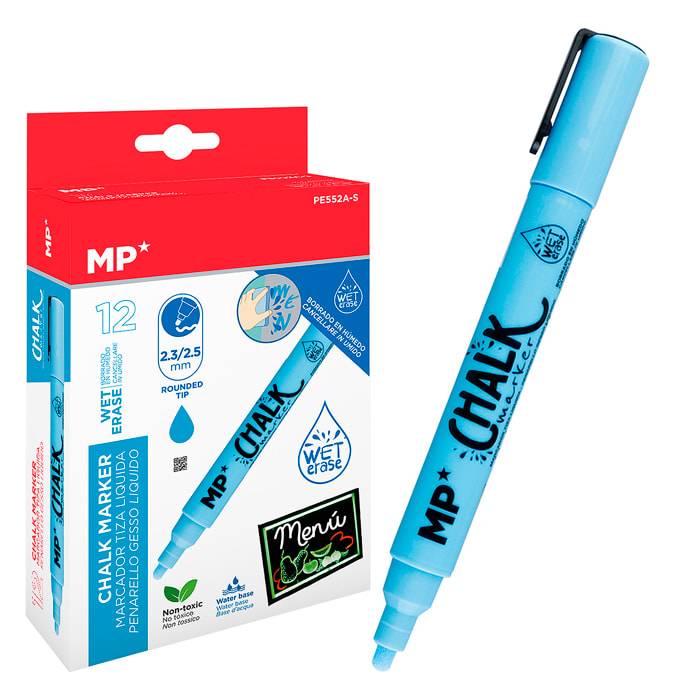 PACK 12 MARCADORES TIZA LÍQUIDA LIMPIEZA EN HÚMEDO AZUL