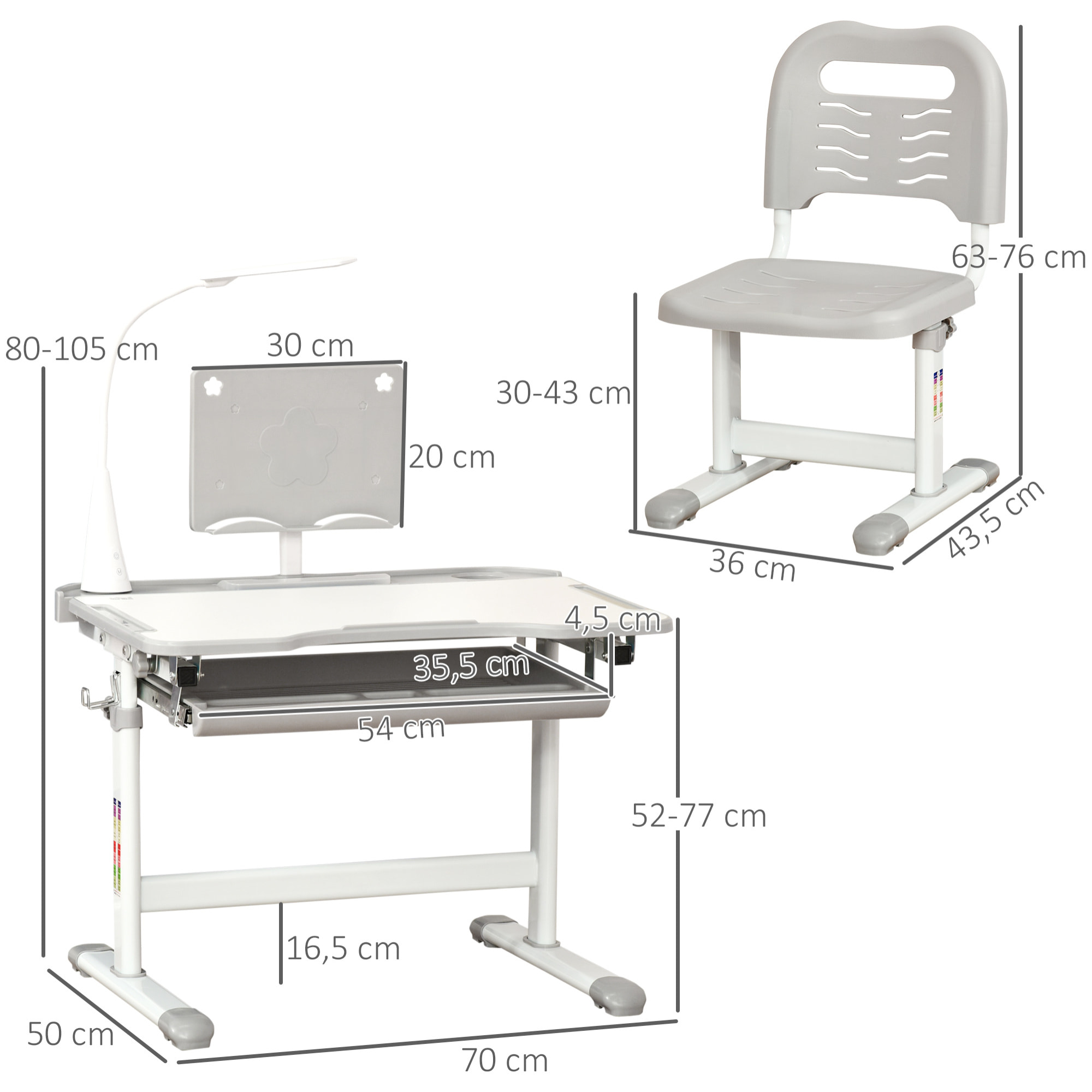 Bureau enfant avec chaise - ensemble bureau et chaise réglable - lampe, support de lecture, tablette coulissante multi-rangement - gris blanc