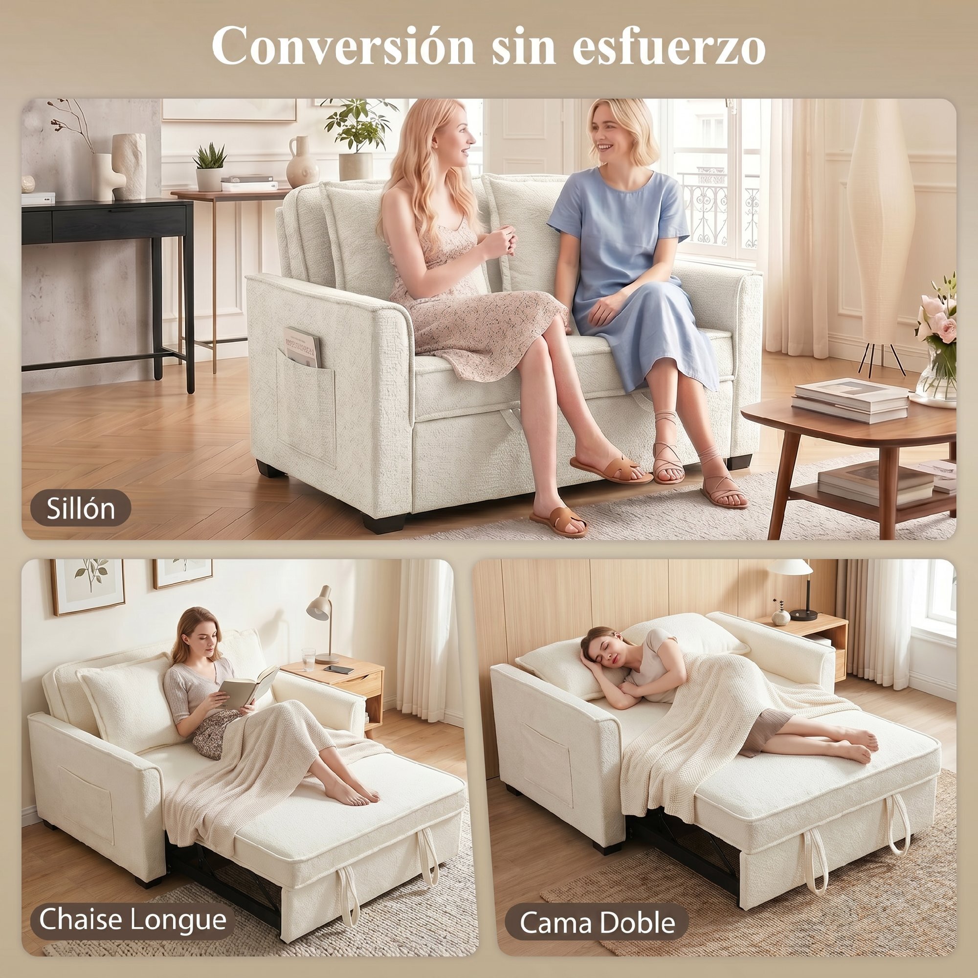 Sofá Cama 2 Plazas 3 en 1, Sofá Cama de Tejido Rizo con Respaldo Ajustable 3 Niveles, Bolsillos Laterales, 2 Almohadas con Fundas Extraíbles para Sala de Estar, Espacios Pequeños, Blanco Crema