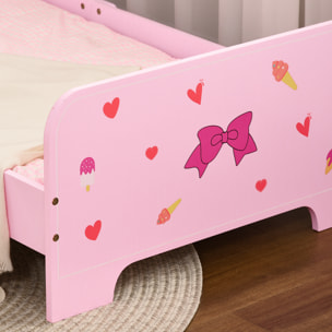 ZONEKIZ Letto per Bambini con Sponde e Fantasia a Fiocchi e Cuori, Età 3-6 Anni, 143x74x59cm, Rosa