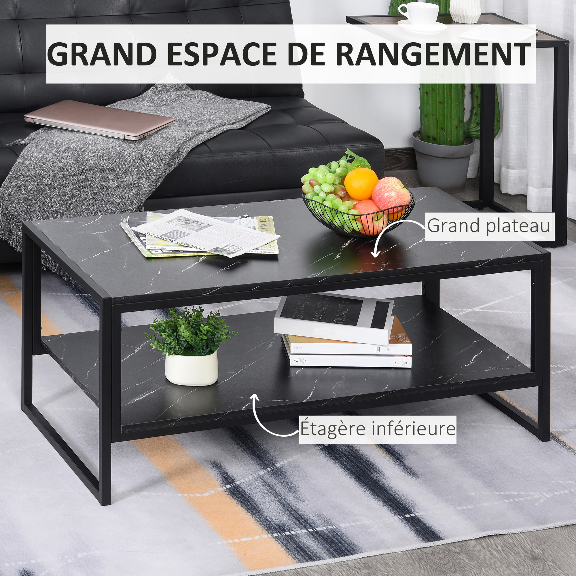 Table Basse Style Moderne avec 2 Étagères 106 x 50 x 47 cm Noir