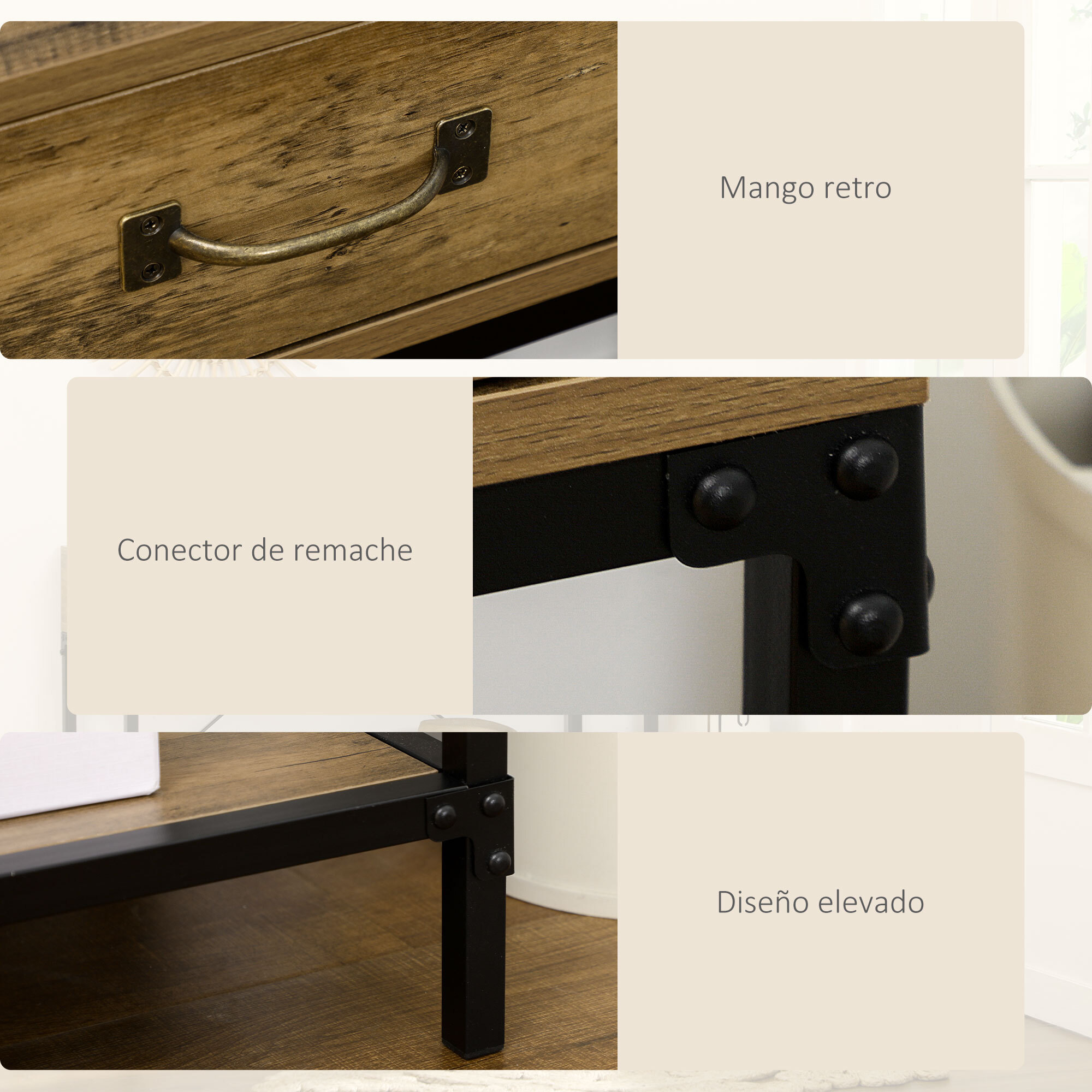 Mesa de Consola Industrial, Mesa de Sofá con 2 Cajones y Estante, Consola para Recibidor con Patas de Metal, para Salón, Pasillo, Entrada, Marrón y Negro
