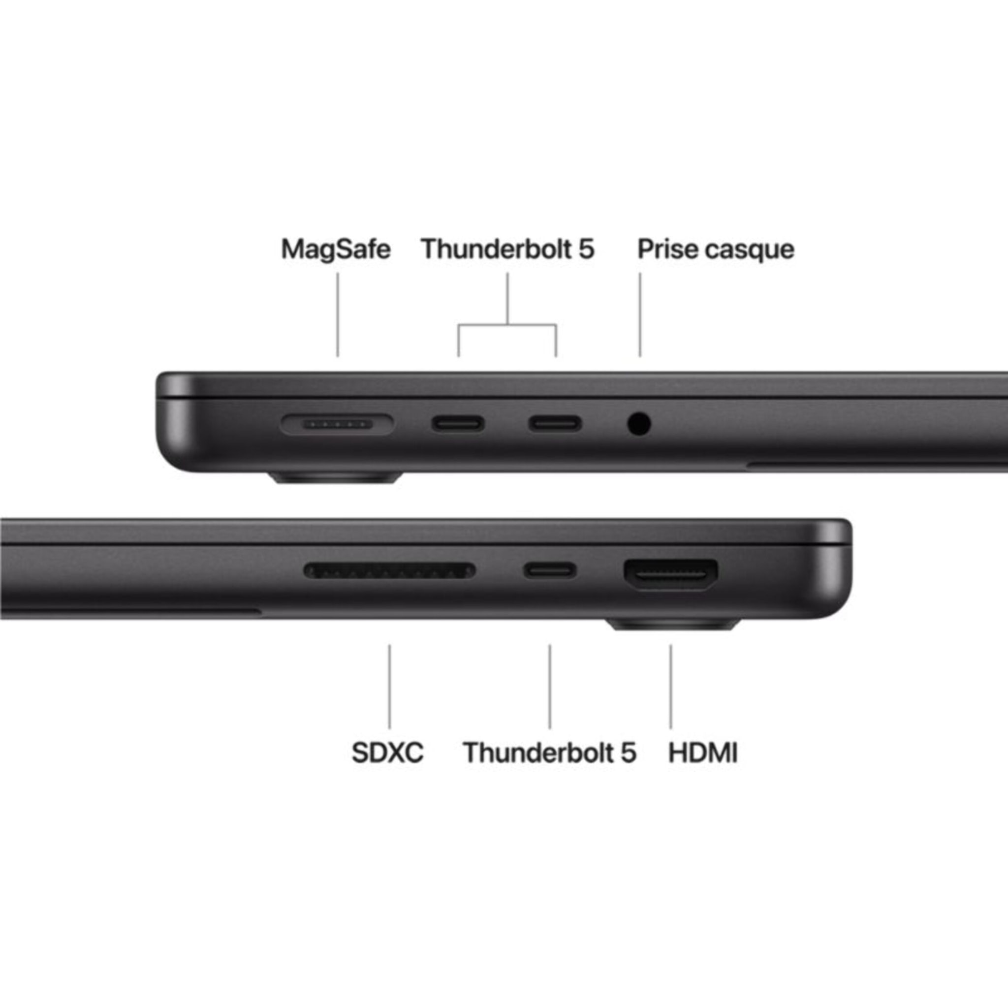 Ordinateur Apple MACBOOK Pro 14" Puce M5 Pro CPU 18 / GPU 20 coeurs Mémoire RAM 24Go Stockage 2To SSD XDR Noir sidéral