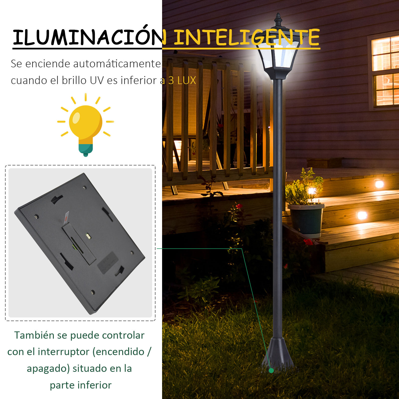 Farol Solar de Jardín IP44 con Luces Inteligentes LED Exteriores 15x15x120 cm