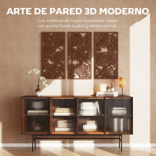 Decoración de Pared de Madera 3D, 3 Piezas, 40x80 cm, Adornos de Pared con Patrón de Hojas Tropicales, Arte Moderno para Salón, Dormitorio, Pasillo, Nogal