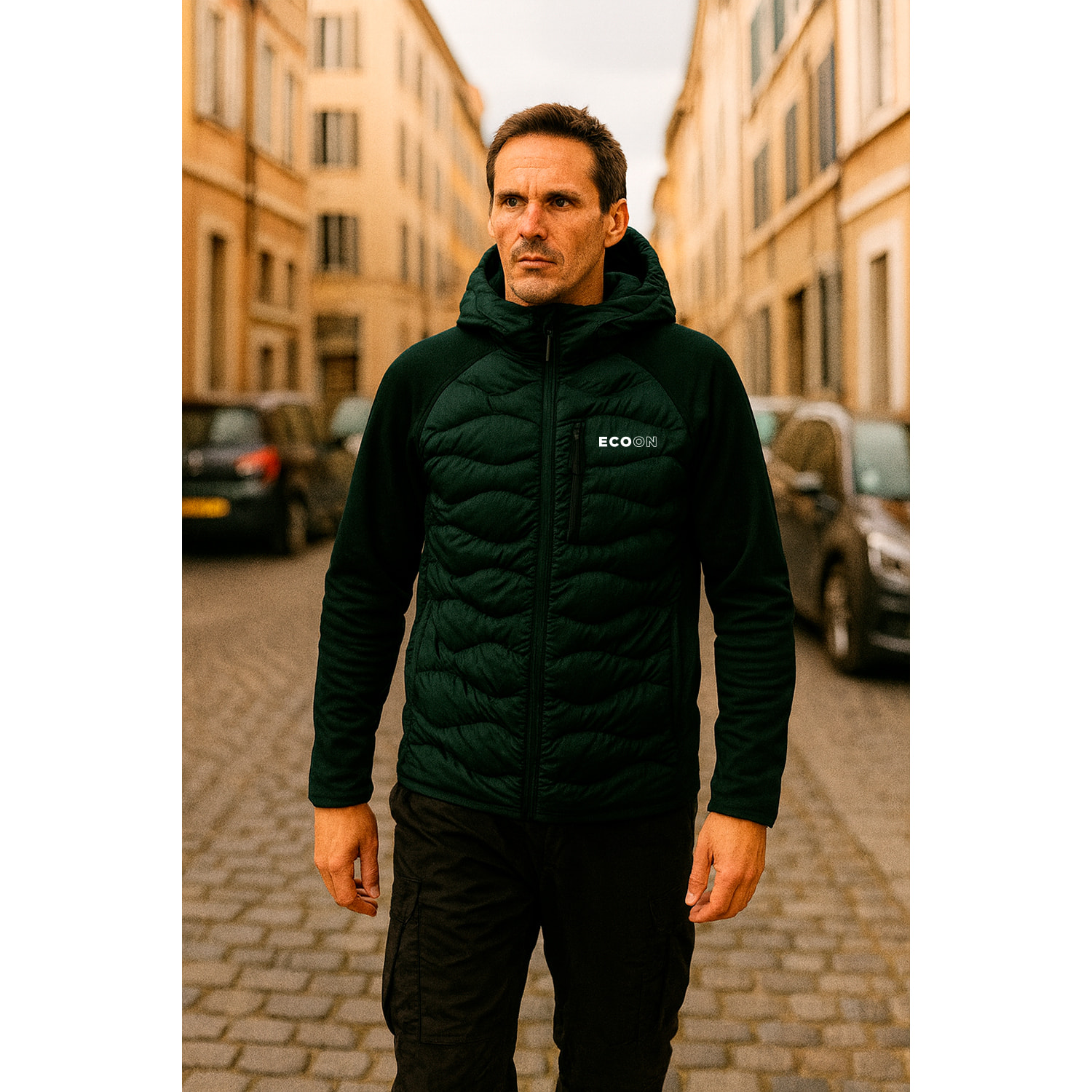 Abrigo para hombre ECOON ECOActive Hybrid Insulated Jacket with cap - Verde Oscuro