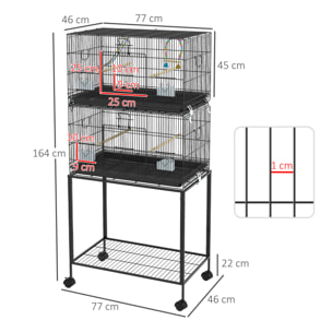 Jaula para Pájaros 77x46x164 cm Jaula Metálica para Aves con Bandeja Extraíble Perchas Comederos para Periquitos Canarios Negro