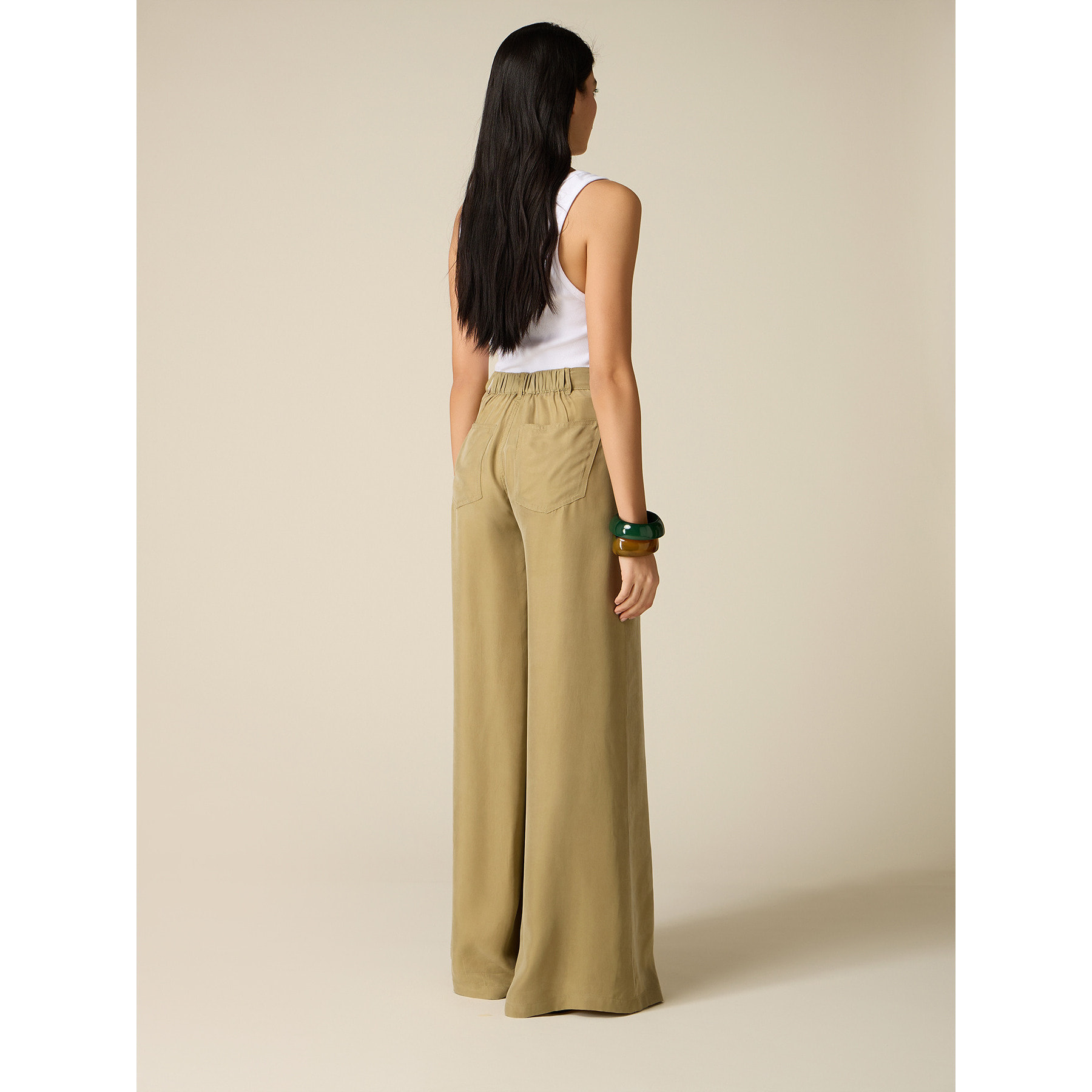 Oltre - Pantaloni palazzo in tessuto misto cupro - Verde militare