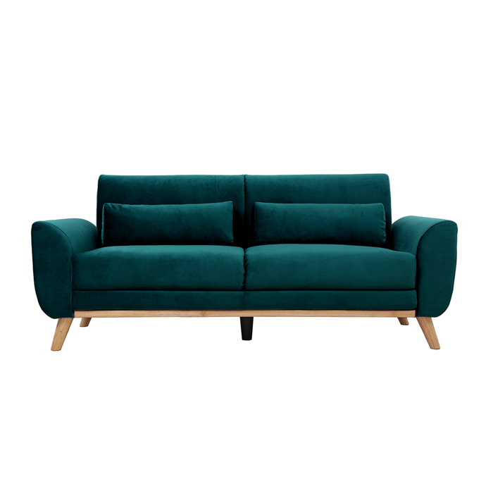 Canapé scandinave 3 places en tissu velours bleu pétrole et bois clair EKTOR