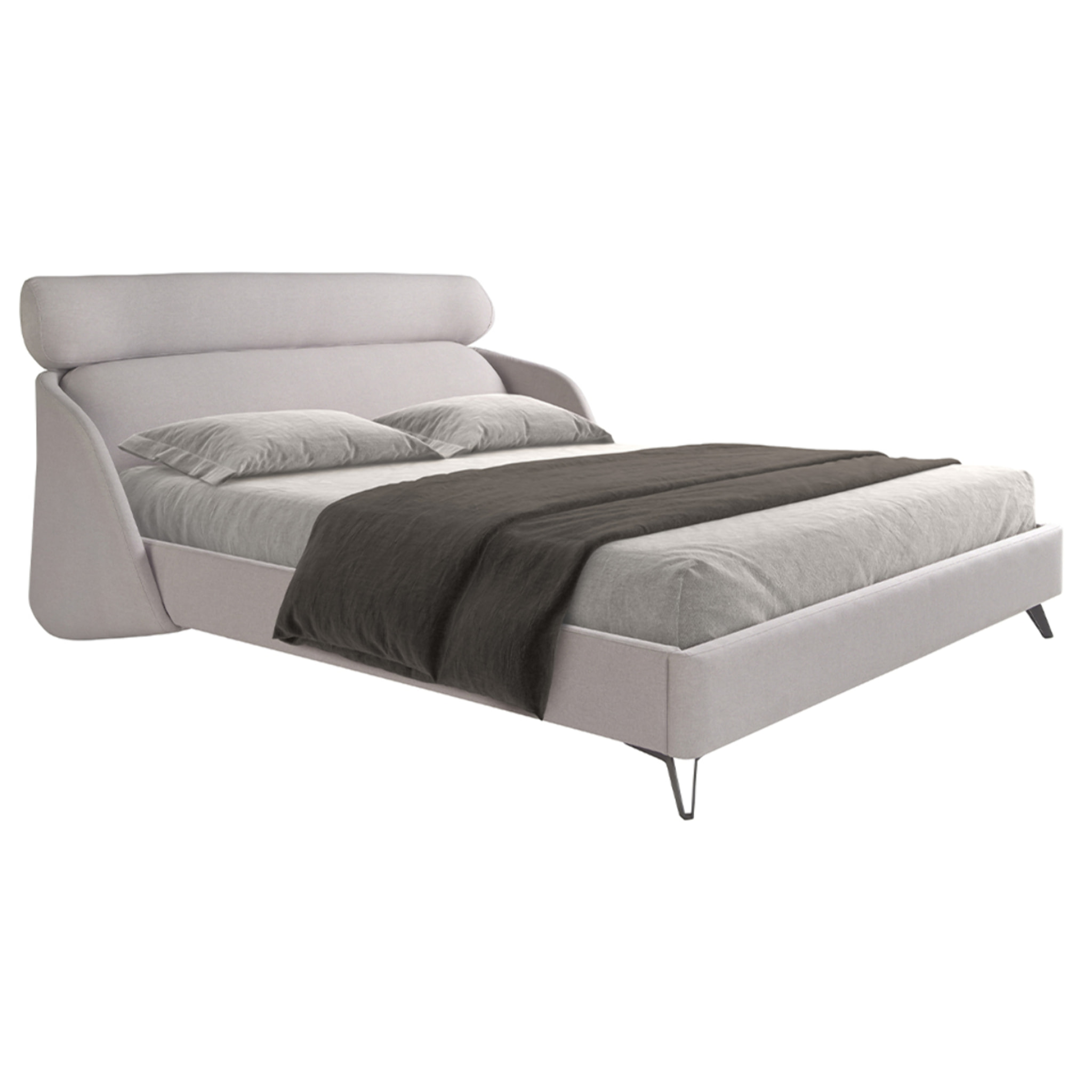 Cama Angel Cerdá de matrimonio con un cabecero y estructura en tela en gris claro y patas de acero inoxidable en epoxi negro 207x250x102cm