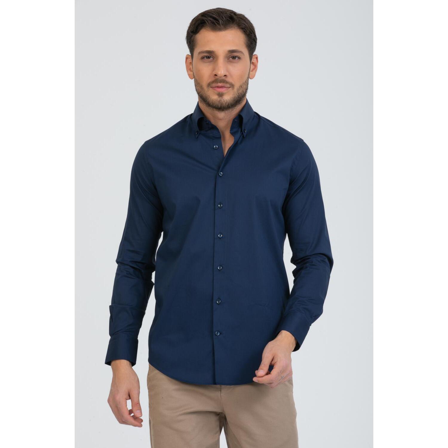 Camicia Uomo 2 Bottoni Button Down Slim Popeline Stretch Unito Blu