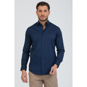 Camicia Uomo 2 Bottoni Button Down Slim Popeline Stretch Unito Blu