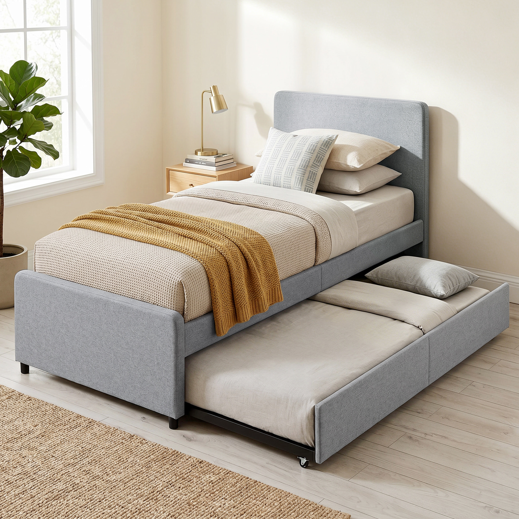 Cama Nido Individual, 90x190 cm, Estructura de Cama Tapizada en Lino con Cabecero y Piecero, Listones de Madera, Sin Colchón, Gris Claro